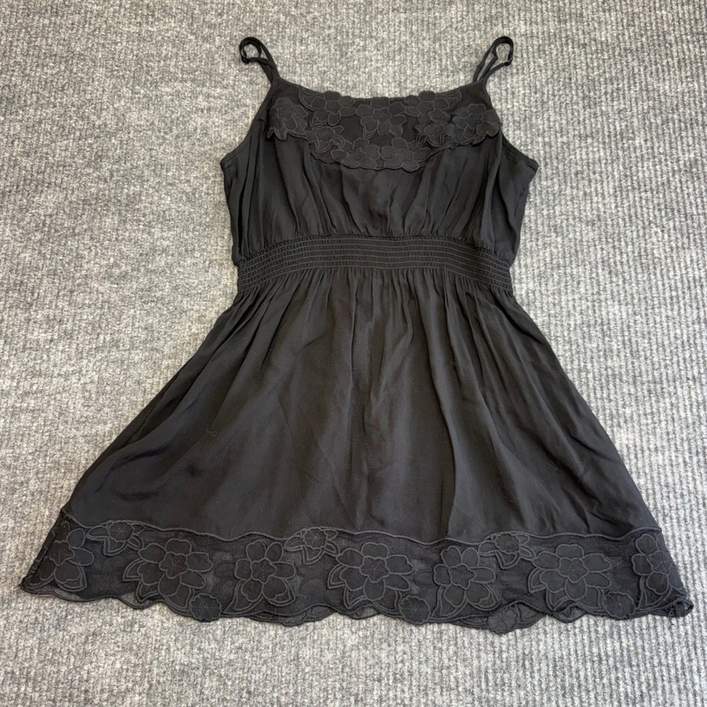 XXI Women's S Black Lace Trim Cami Mini Dress Smocked Waist Boho Fairy Spaghetti